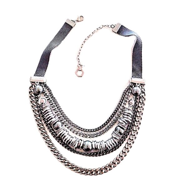 Stainless Steel Multi Chain, Ring & Bead 16-19" Necklace ~ Varied Silver Tones! - Picture 1 of 14
